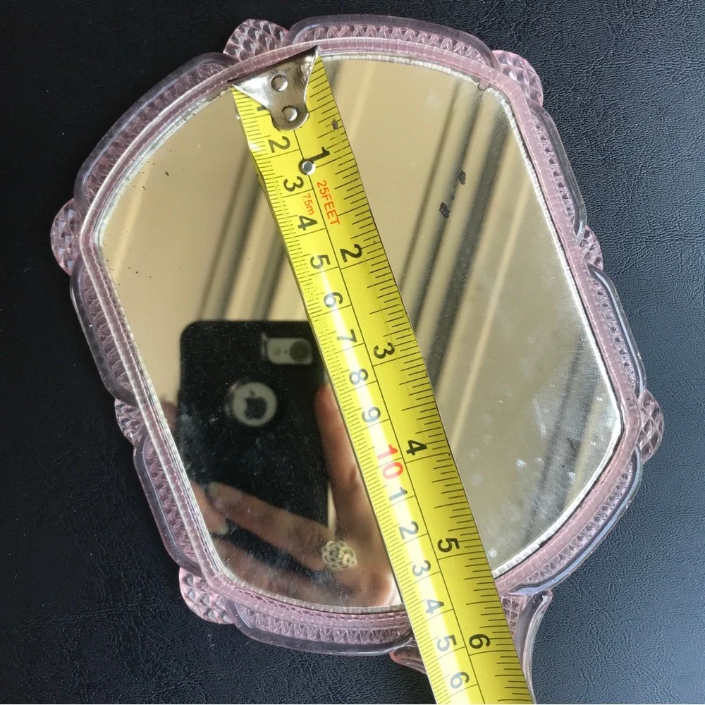 Vintage Celluloid Floral Mirror Vanity Handled Dainty Pretty Flower Mirror Pink
